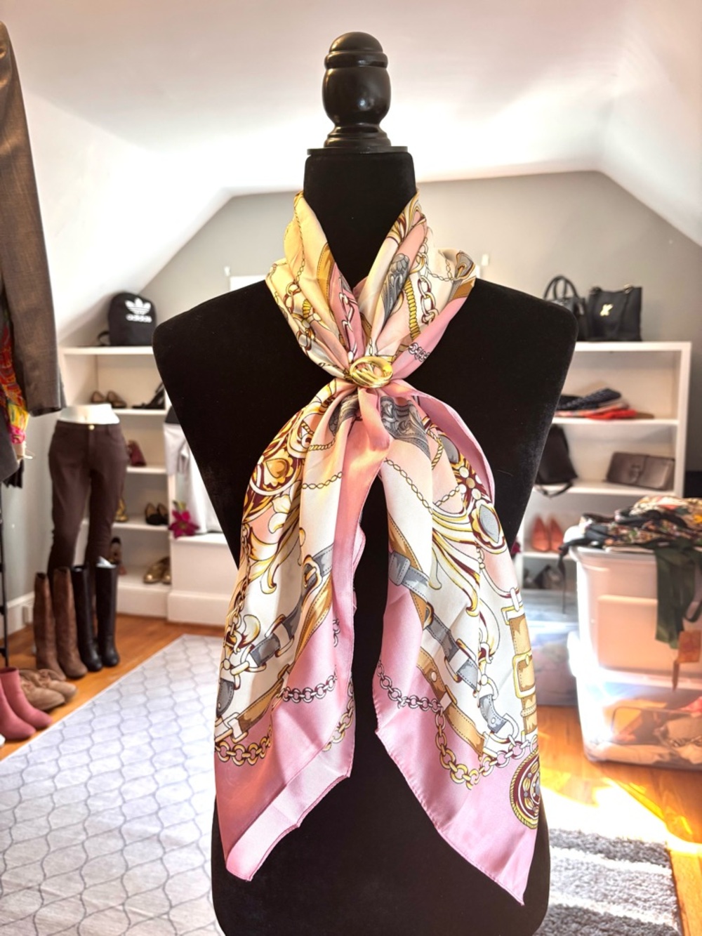 CLOIE Equestrian Chain & Belt Silk-Feel Square Scarfs — Pink & Blue - Picture 2 of 7